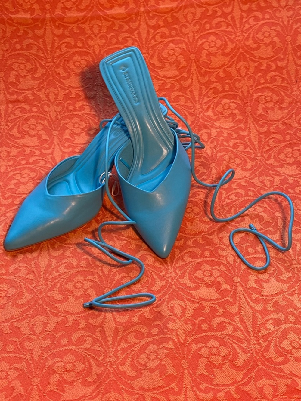 NWOT Stradivarius turquoise leather ankle wrap mules,kitten heels,pointy toe,7 - Picture 2 of 12